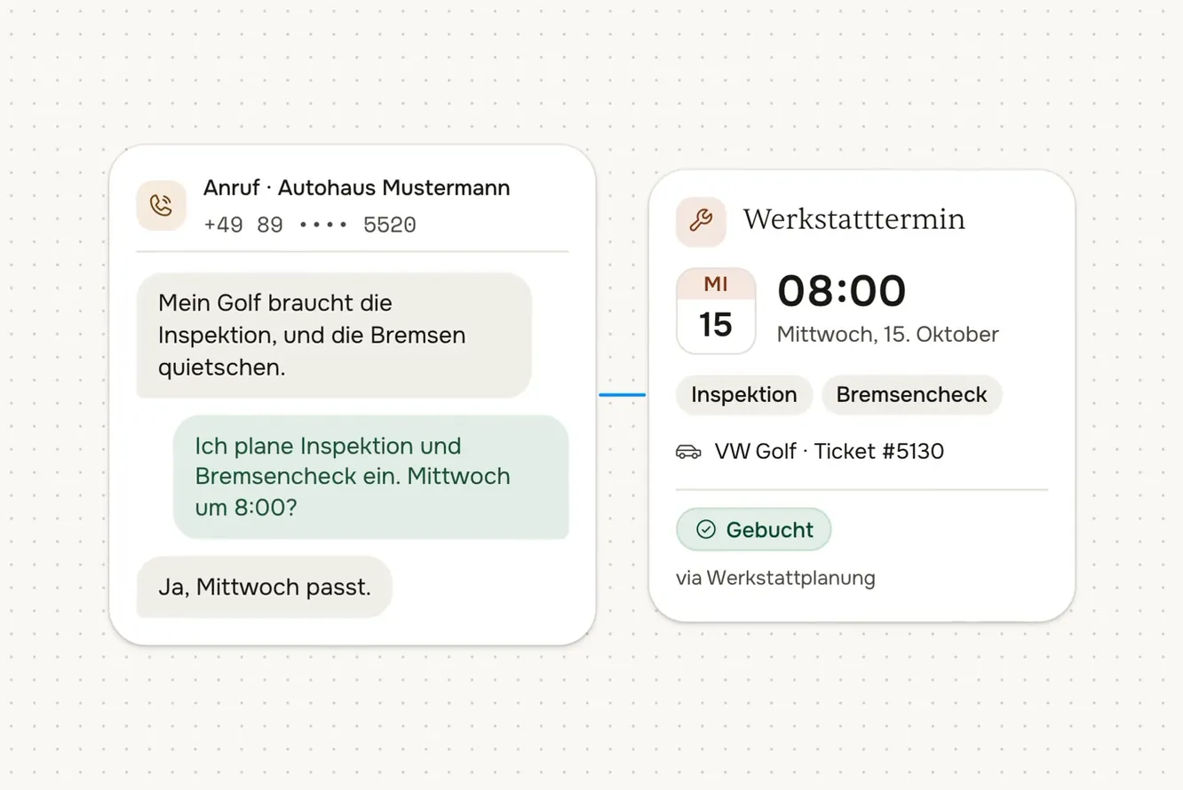 Anruf im Autohaus: der KI-Agent bucht einen Werkstatttermin für Inspektion und Bremsencheck
