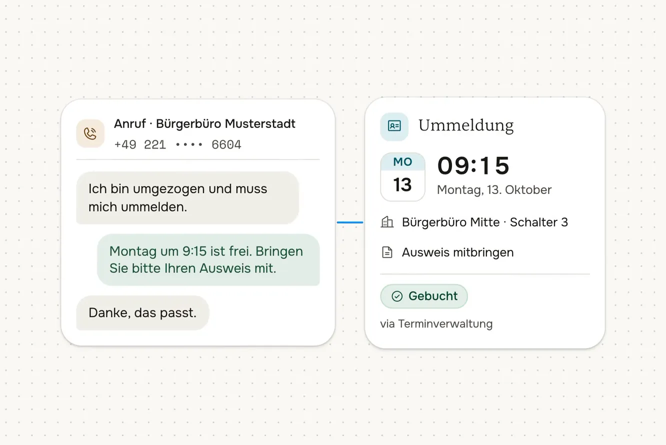Anruf beim KI-Agenten von fertig.ai: Gespräch und der daraus gebuchte Termin