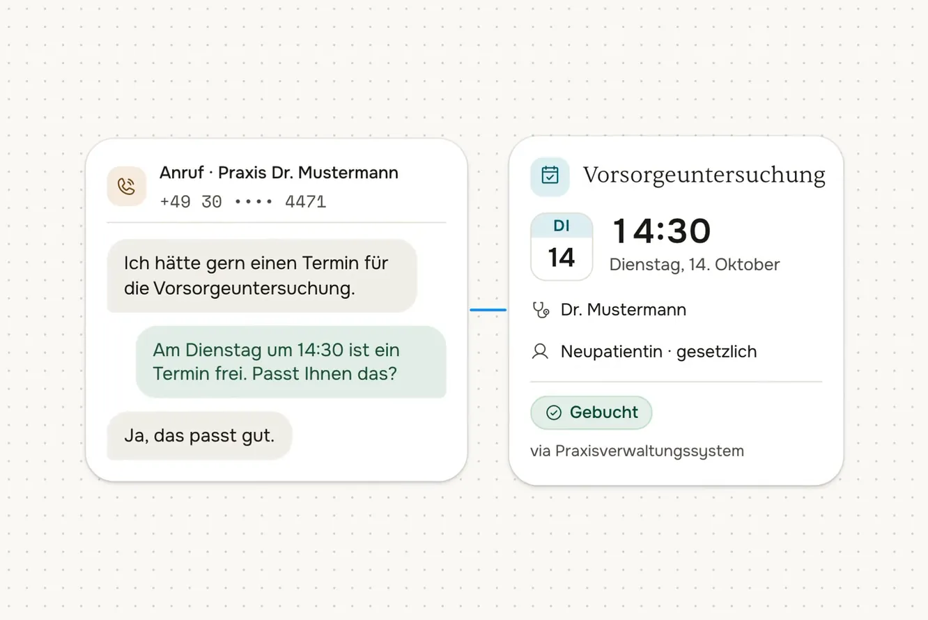 Anruf in einer Arztpraxis: der KI-Agent bucht eine Vorsorgeuntersuchung im Praxisverwaltungssystem