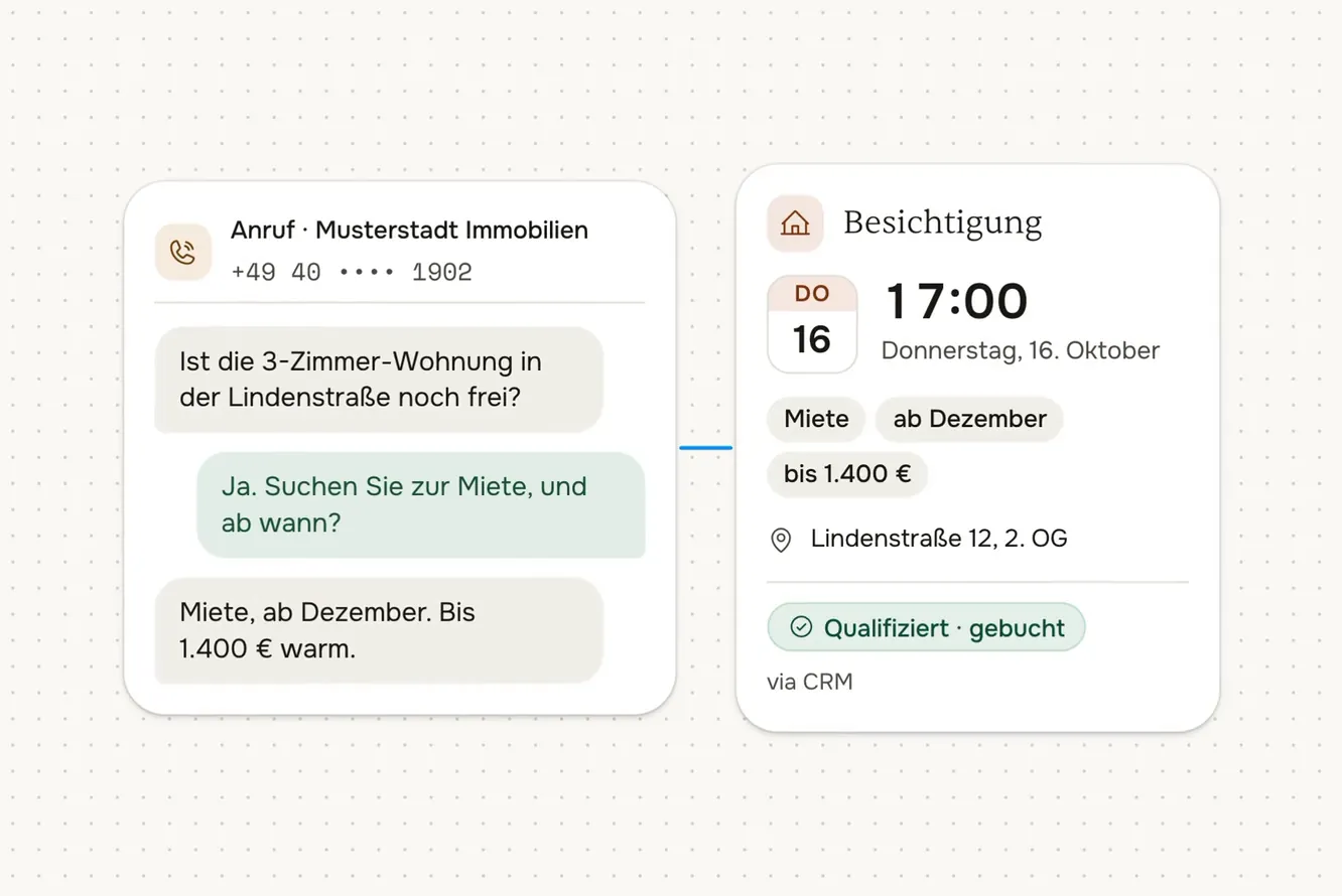 Anruf bei einer Immobilienverwaltung: der KI-Agent qualifiziert den Interessenten und bucht eine Besichtigung