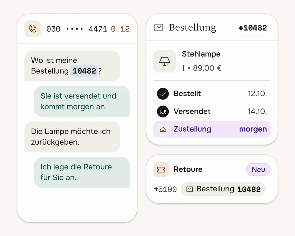 Der Assistent nennt den Stand einer Bestellung aus dem Shop und legt für eine Retoure ein Ticket an