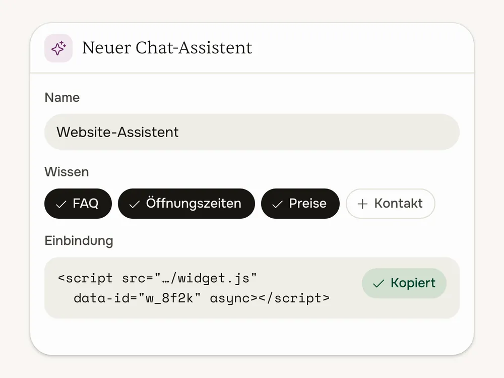 Den Chat-Assistenten in der fertig.ai App anlegen und mit einem Code auf der eigenen Website einbinden