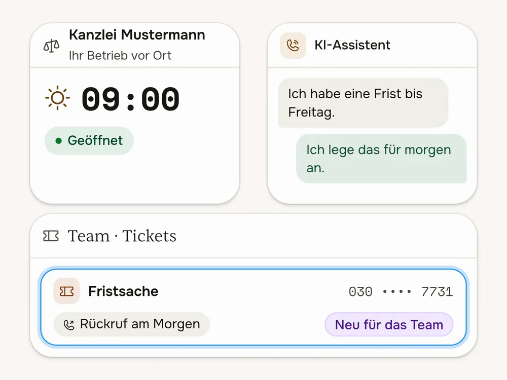 Ein Anruf bei der Kanzlei: Der KI-Telefonassistent nimmt ab, notiert die Fristsache und legt ein Ticket für den Rückruf am Morgen an
