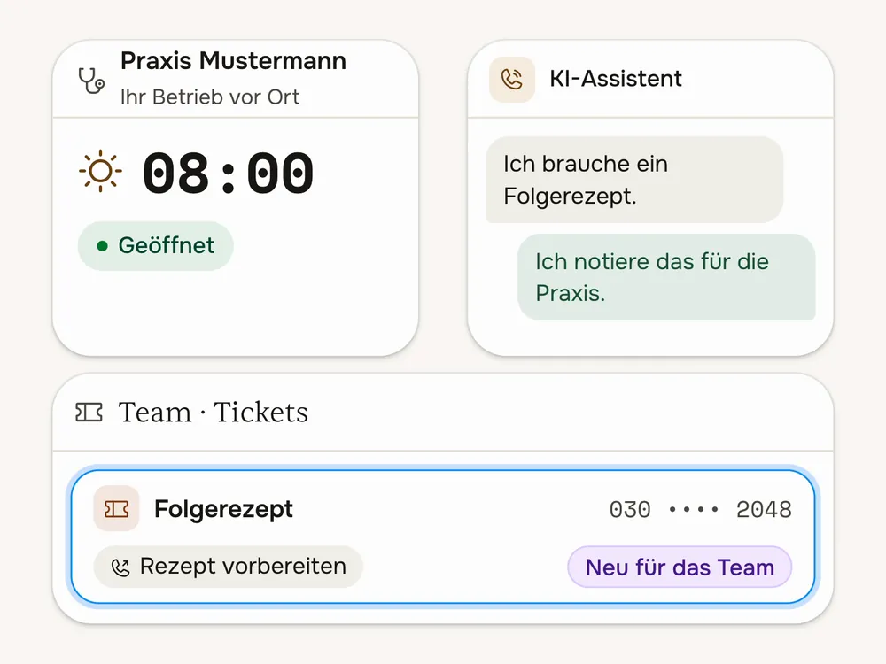Ein Anruf bei der Praxis: Der KI-Telefonassistent nimmt ab, notiert den Wunsch nach einem Folgerezept und legt ein Ticket für das Team an